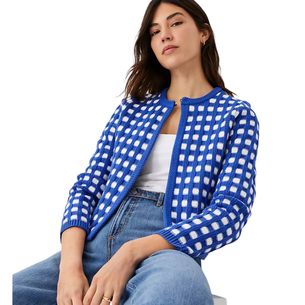 Ann Taylor Royal Blue and White Checkered Knit Cardigan